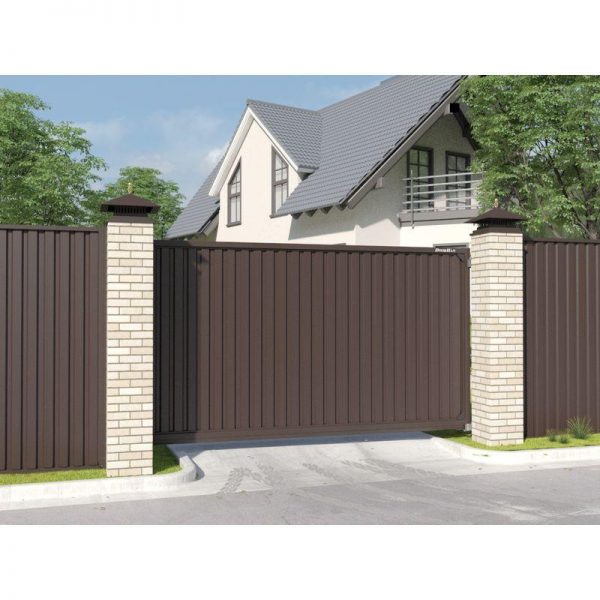 Откатные уличные ворота с заполнением профлистом REVOLUTION-SLD