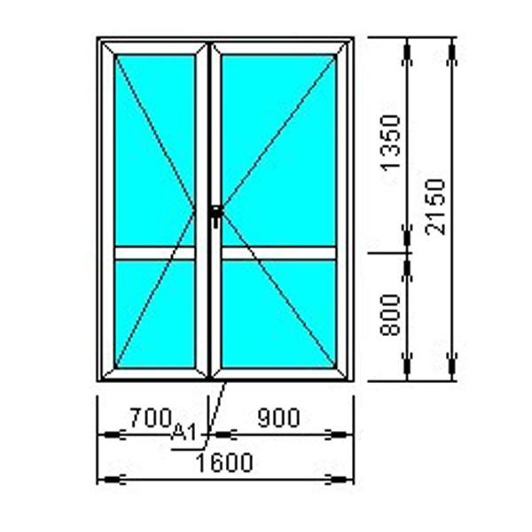 Пластиковая дверь двухстворчатая со стеклом 1300*2150, профиль 58 – 60 поворотно-откидное, фурнитура Vorne, 3 петли, правое открывание, уплотнитель, ключ с 2х сторон